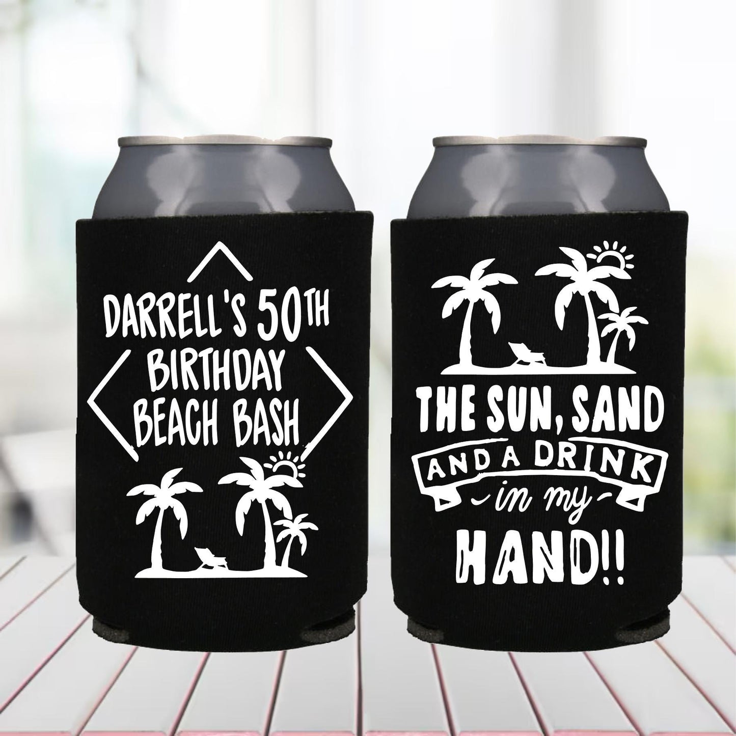 Beach Birthday Party Can Coolers: Sun Sand Drink - 40th Birthday Favors