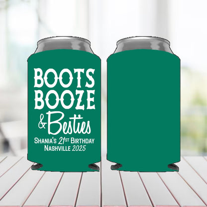 Two green can coolers with 'Boots Booze & Besties' text on a blurred background