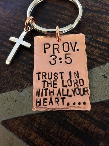 Proverbs 3:5 Keychain Trust in the Lord With all your Heart Christian Keychain Copper Keychain Handstamped Keychain Christening Gift