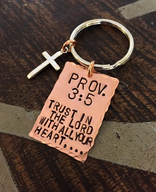 Proverbs 3:5 Keychain Trust in the Lord With all your Heart Christian Keychain Copper Keychain Handstamped Keychain Christening Gift