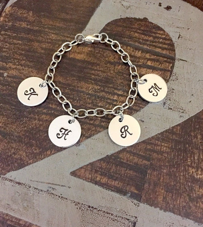 Mother Charm Bracelet Grandma Charm Bracelet Grandchildren Initial Bracelet Handstamped Bracelet Personalized Bracelet Handstamped Jewelry
