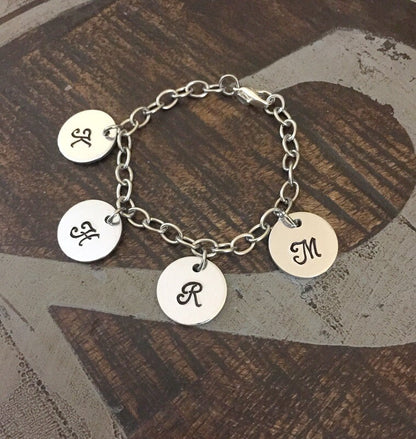 Mother Charm Bracelet Grandma Charm Bracelet Grandchildren Initial Bracelet Handstamped Bracelet Personalized Bracelet Handstamped Jewelry