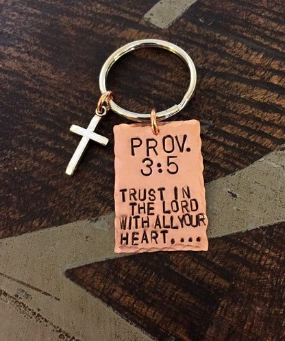 Proverbs 3:5 Keychain Trust in the Lord With all your Heart Christian Keychain Copper Keychain Handstamped Keychain Christening Gift