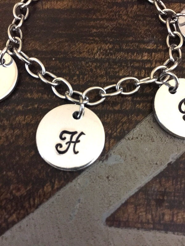 Mother Charm Bracelet Grandma Charm Bracelet Grandchildren Initial Bracelet Handstamped Bracelet Personalized Bracelet Handstamped Jewelry