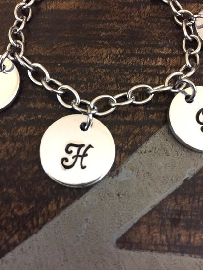 Mother Charm Bracelet Grandma Charm Bracelet Grandchildren Initial Bracelet Handstamped Bracelet Personalized Bracelet Handstamped Jewelry