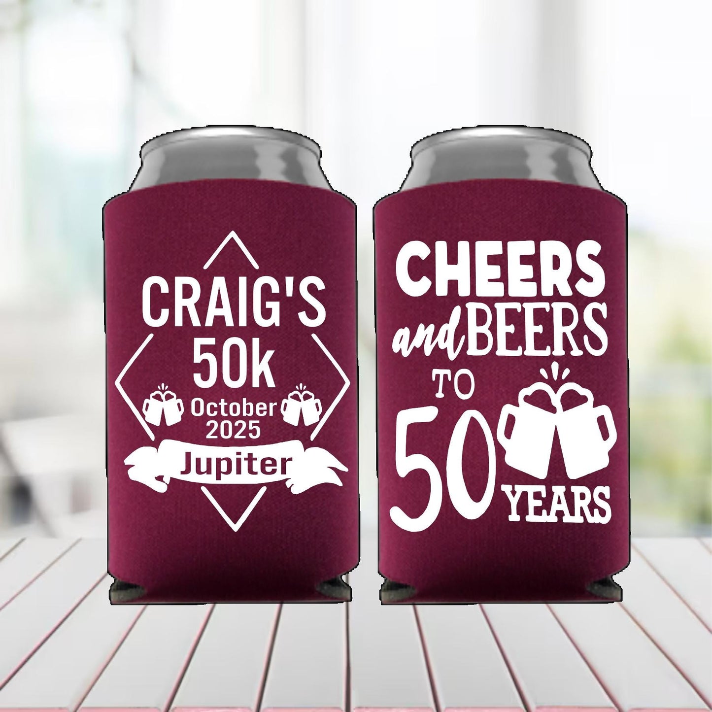 50th Birthday Can Coolers: Cheers and Beers Party Favors, Cheers to 50 years, 50th Birthday Favors, Custom Can Holders, 50th Party Man