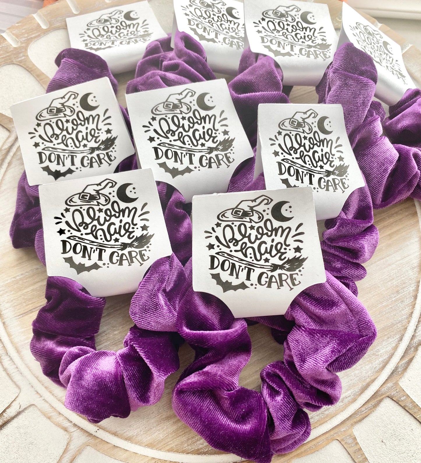 Halloween Scrunchie- Broom Hair Don't Care Favor- Purple Halloween Scrunchy- Trick or Treat Favors, Girls Halloween Party, Witches Party
