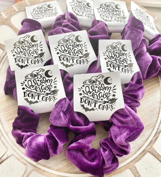 Halloween Scrunchie- Broom Hair Don't Care Favor- Purple Halloween Scrunchy- Trick or Treat Favors, Girls Halloween Party, Witches Party