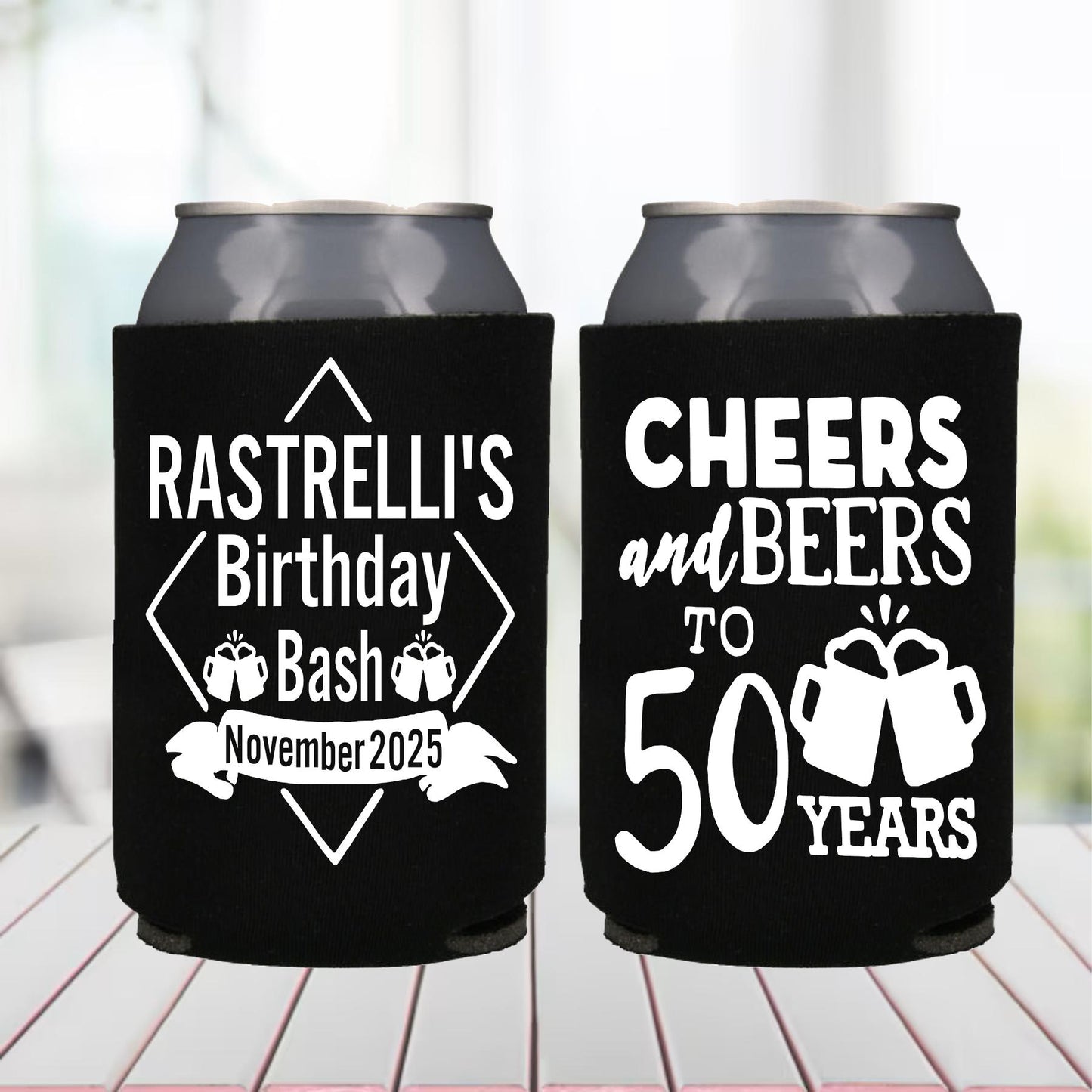 50th Birthday Can Coolers: Cheers and Beers Party Favors, Cheers to 50 years, 50th Birthday Favors, Custom Can Holders, 50th Party Man