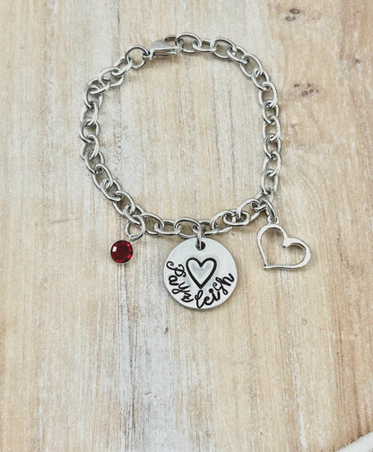 Girls Charm Bracelet Handstamped Bracelet Heart Bracelet Personalized Bracelet Charm Bracelet Bracelet for Girl Birthstone Jewelry Birthday