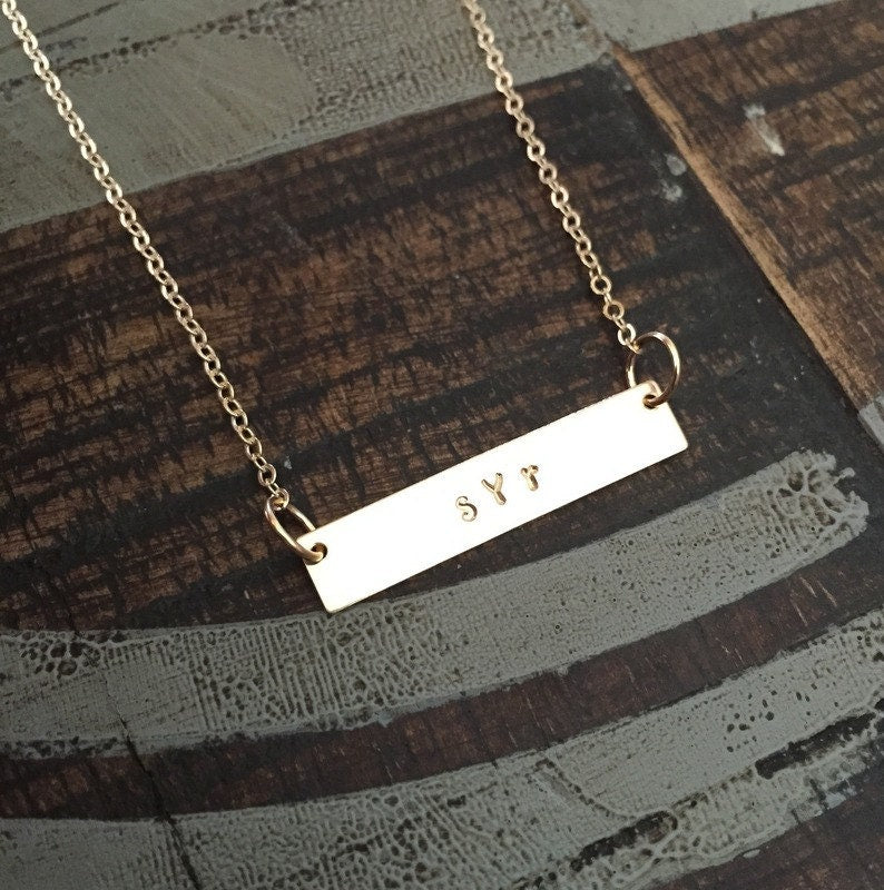 Gold Bar Necklace Initial Jewelry Gold Necklace Handstamped Jewelry Handstamped Necklace Name Necklace Hammered Necklace