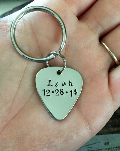 Guitar Pick Keychain Gift for Dad Dad Keychain Guitar Pick Gift Handstamped Guitar Pick Personalized Keychain Custom Keychain New Dad Gift