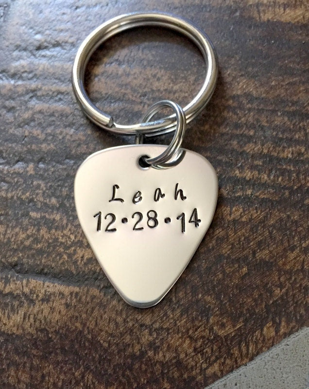 Guitar Pick Keychain Gift for Dad Dad Keychain Guitar Pick Gift Handstamped Guitar Pick Personalized Keychain Custom Keychain New Dad Gift