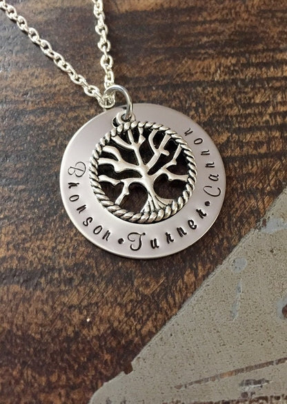 Tree of Life Necklace Mom Necklace Grandma Necklace Handstamped Jewelry Mothers Day Gift Gift for New Mom Personalized Necklace Washer
