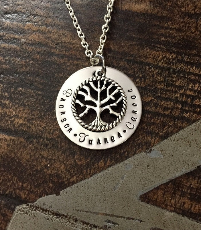 Tree of Life Necklace Mom Necklace Grandma Necklace Handstamped Jewelry Mothers Day Gift Gift for New Mom Personalized Necklace Washer