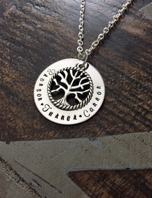 Tree of Life Necklace Mom Necklace Grandma Necklace Handstamped Jewelry Mothers Day Gift Gift for New Mom Personalized Necklace Washer