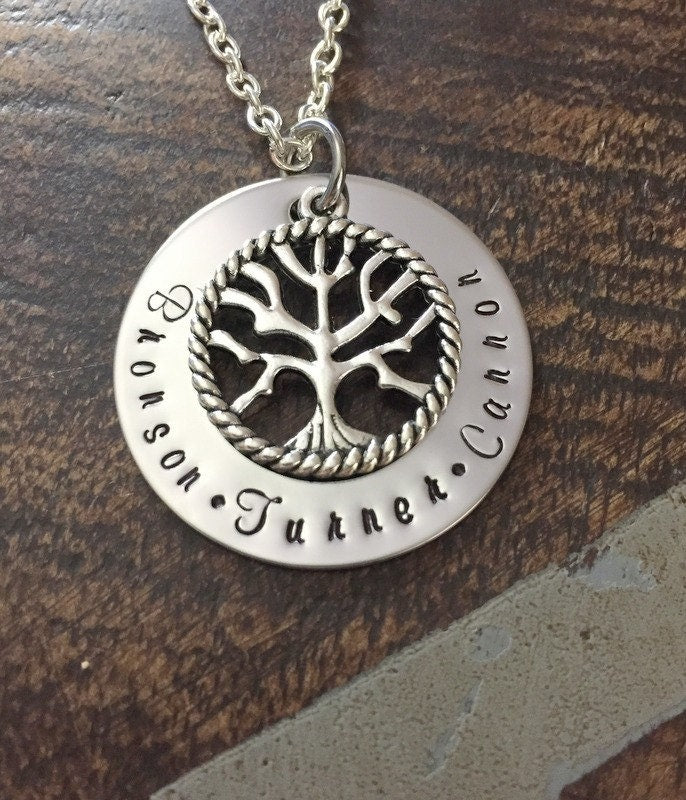 Tree of Life Necklace Mom Necklace Grandma Necklace Handstamped Jewelry Mothers Day Gift Gift for New Mom Personalized Necklace Washer