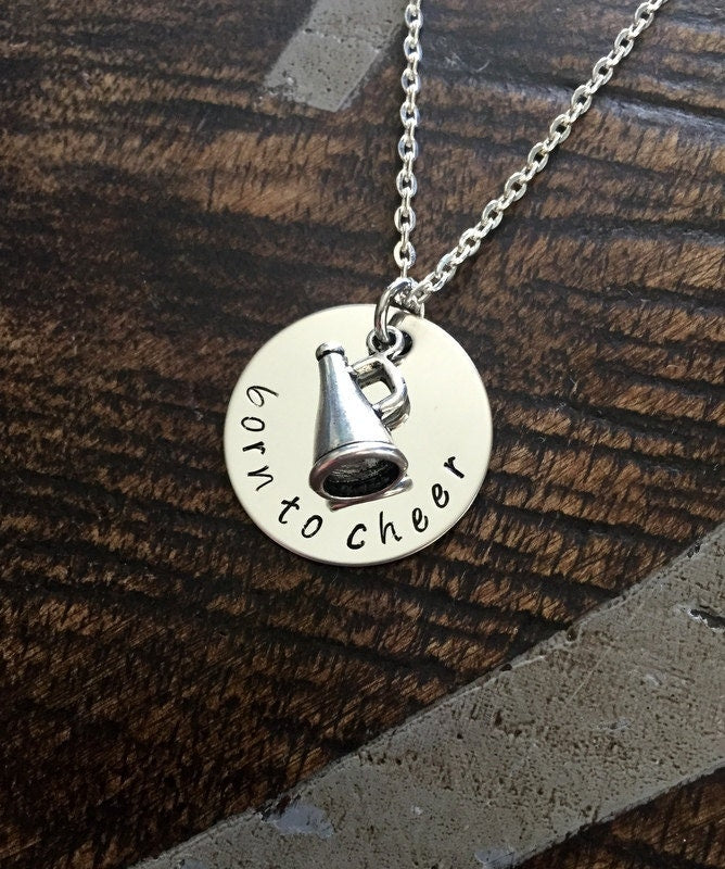 Born to Cheer Necklace Cheerleader Necklace Gift for Cheerleader Handstamped Necklace Megaphone Necklace Handstamped Jewelry cheer necklace