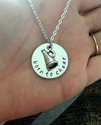 Born to Cheer Necklace Cheerleader Necklace Gift for Cheerleader Handstamped Necklace Megaphone Necklace Handstamped Jewelry cheer necklace
