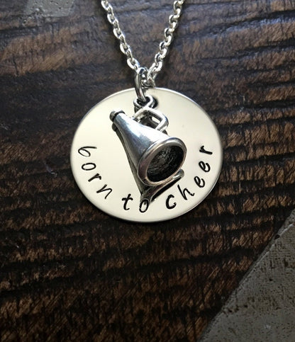 Born to Cheer Necklace Cheerleader Necklace Gift for Cheerleader Handstamped Necklace Megaphone Necklace Handstamped Jewelry cheer necklace