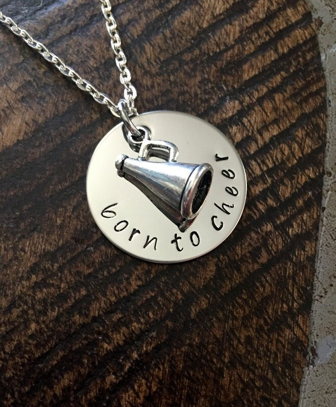 Born to Cheer Necklace Cheerleader Necklace Gift for Cheerleader Handstamped Necklace Megaphone Necklace Handstamped Jewelry cheer necklace