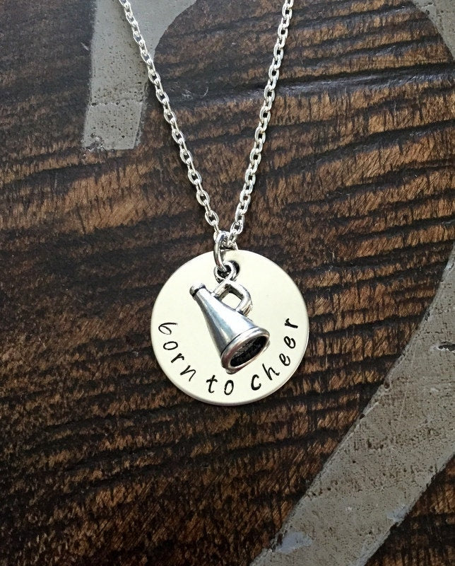 Born to Cheer Necklace Cheerleader Necklace Gift for Cheerleader Handstamped Necklace Megaphone Necklace Handstamped Jewelry cheer necklace