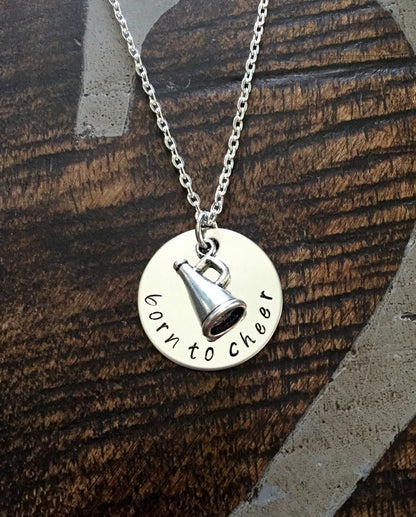 Born to Cheer Necklace Cheerleader Necklace Gift for Cheerleader Handstamped Necklace Megaphone Necklace Handstamped Jewelry cheer necklace