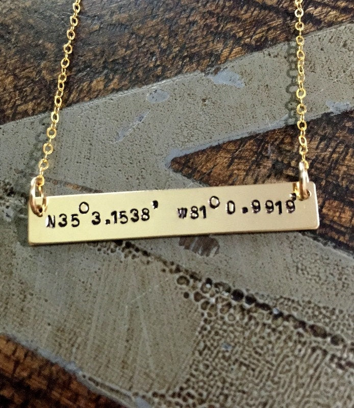 Gold Bar Necklace Coordinates Jewelry Gold Necklace Handstamped Jewelry Handstamped Necklace Name Necklace Hammered Necklace