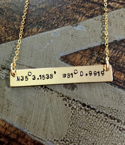 Gold Bar Necklace Coordinates Jewelry Gold Necklace Handstamped Jewelry Handstamped Necklace Name Necklace Hammered Necklace