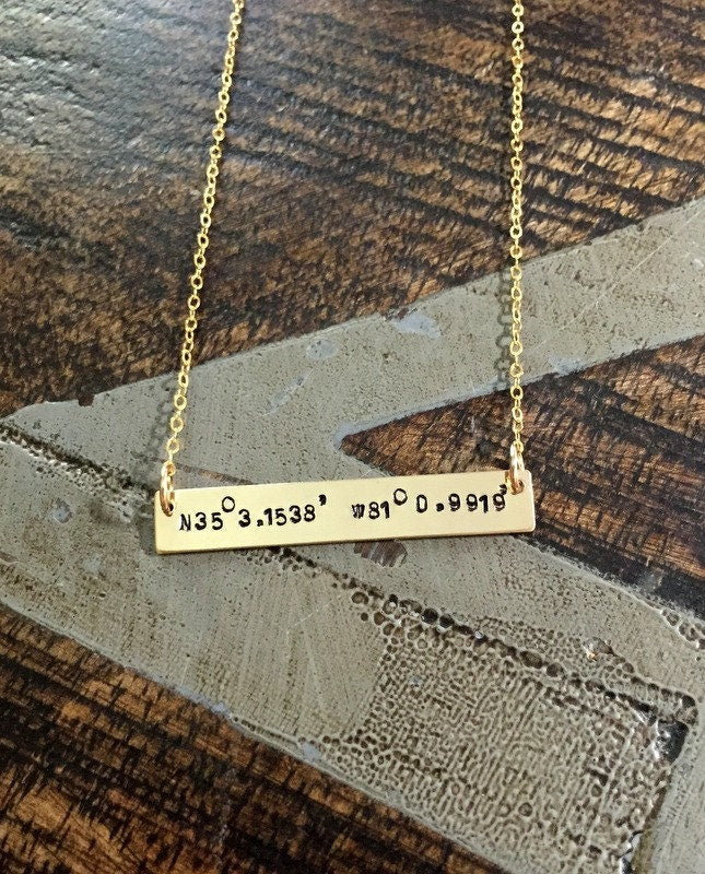 Gold Bar Necklace Coordinates Jewelry Gold Necklace Handstamped Jewelry Handstamped Necklace Name Necklace Hammered Necklace
