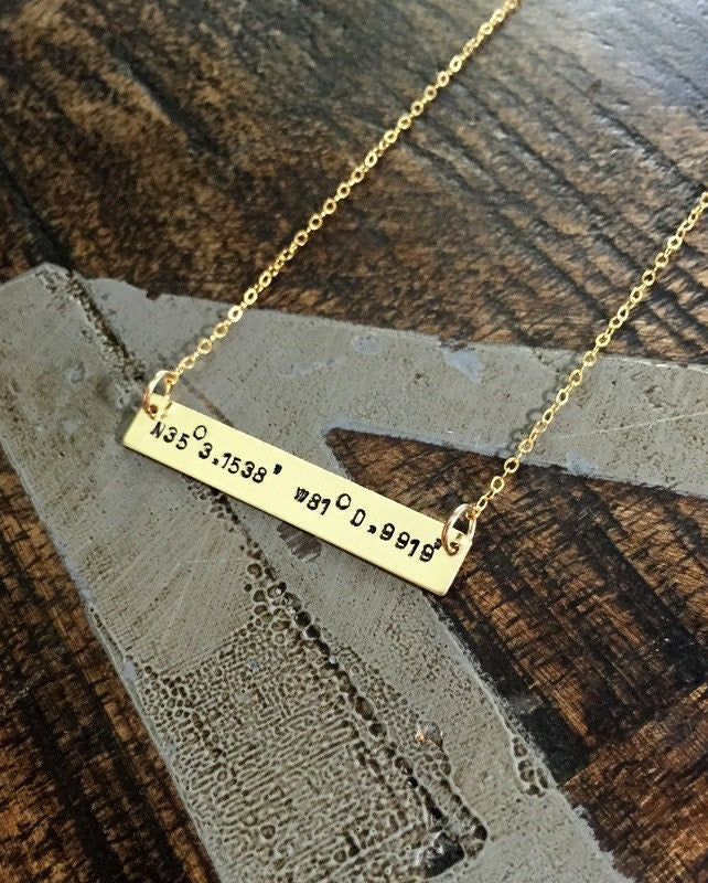 Gold Bar Necklace Coordinates Jewelry Gold Necklace Handstamped Jewelry Handstamped Necklace Name Necklace Hammered Necklace