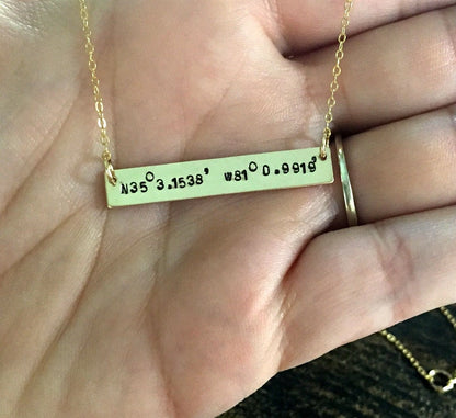 Gold Bar Necklace Coordinates Jewelry Gold Necklace Handstamped Jewelry Handstamped Necklace Name Necklace Hammered Necklace