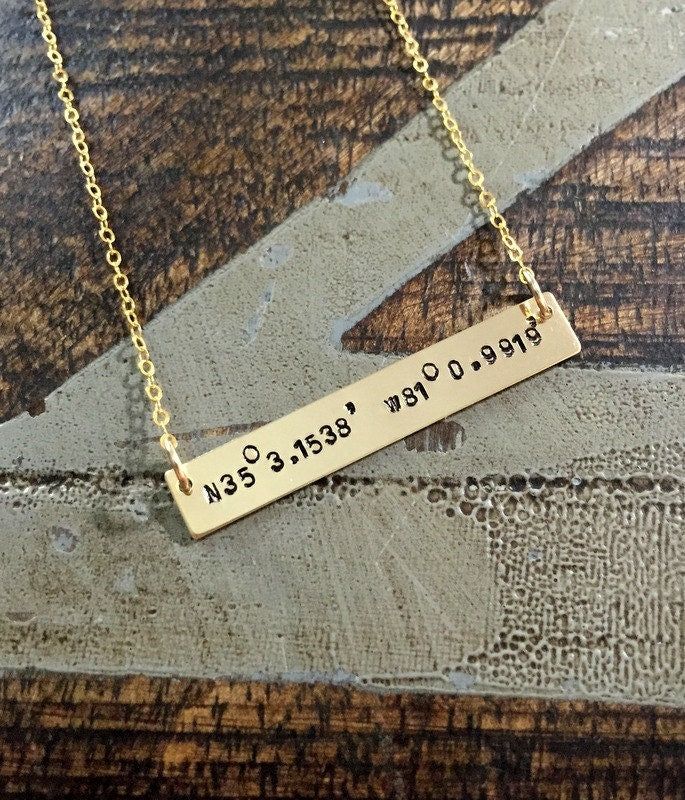 Gold Bar Necklace Coordinates Jewelry Gold Necklace Handstamped Jewelry Handstamped Necklace Name Necklace Hammered Necklace