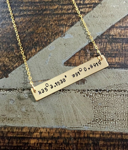 Gold Bar Necklace Coordinates Jewelry Gold Necklace Handstamped Jewelry Handstamped Necklace Name Necklace Hammered Necklace