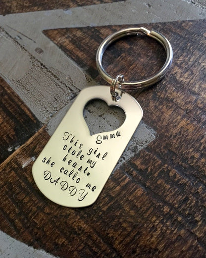This Girl Stole My Heart Keychain Daddy Keychain Handstamped Keychain Gift for New Dad Dad Keychain Fathers Day Gift Heart Cutout Keychain