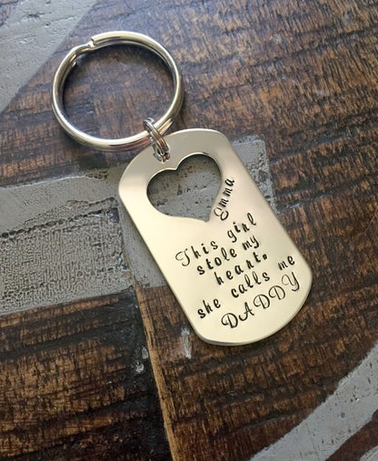 This Girl Stole My Heart Keychain Daddy Keychain Handstamped Keychain Gift for New Dad Dad Keychain Fathers Day Gift Heart Cutout Keychain