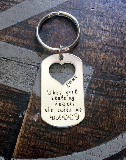 This Girl Stole My Heart Keychain Daddy Keychain Handstamped Keychain Gift for New Dad Dad Keychain Fathers Day Gift Heart Cutout Keychain