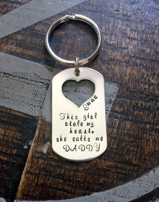 This Girl Stole My Heart Keychain Daddy Keychain Handstamped Keychain Gift for New Dad Dad Keychain Fathers Day Gift Heart Cutout Keychain