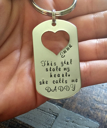 This Girl Stole My Heart Keychain Daddy Keychain Handstamped Keychain Gift for New Dad Dad Keychain Fathers Day Gift Heart Cutout Keychain