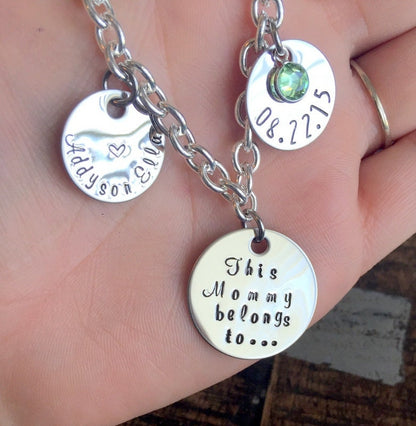 This Mommy belongs to Bracelet Mommy Gift Push Present New Mom Gift Handstamped Bracelet Mothers Day Gift Mom Jewelry Charm Bracelet