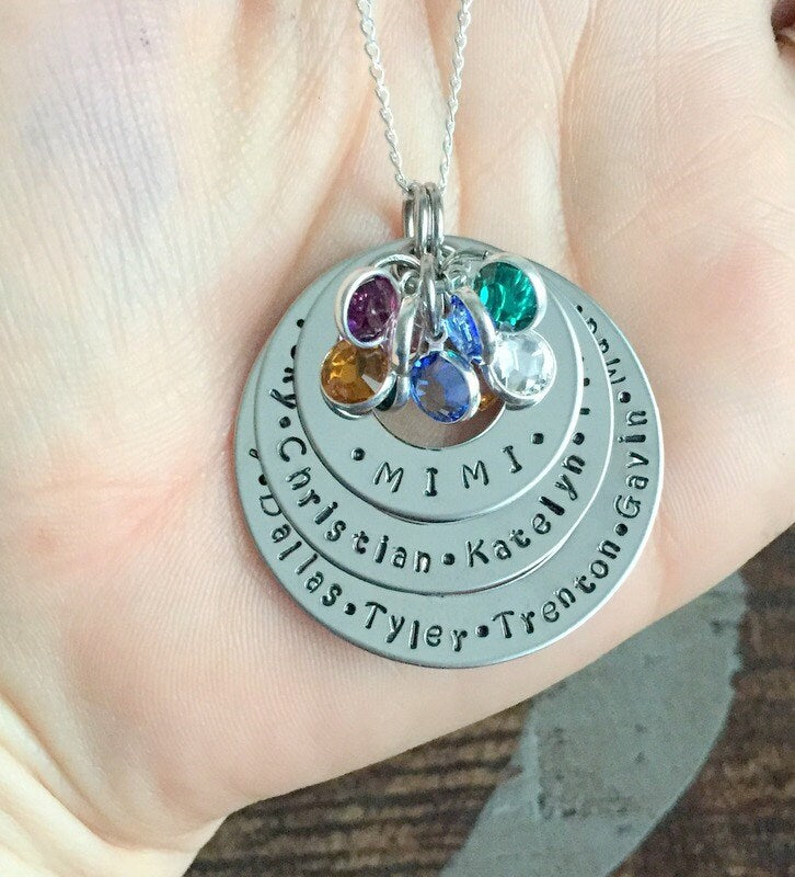 Personalized Necklace Mothers Day Gift Customized Washer Necklace Birthstone Necklace Mimi Necklace Handstamped Necklace Mom Necklace