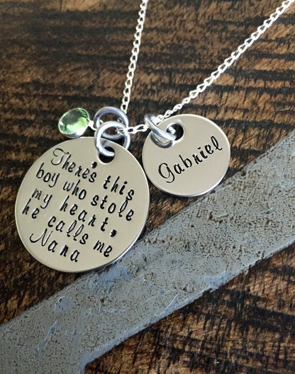 Nana Necklace There's this boy who stole my heart Handstamped Necklace Personalized Jewelry Mothers Day Gift Custom Necklace Mom Gift