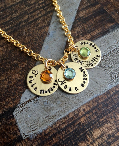 Handstamped Gold Necklace Name Necklace Gold Birthstone Jewelry Gold Necklace Custom Necklace Birthstone Necklace Gift for Mom Mom Necklace