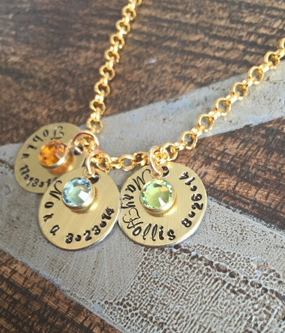Handstamped Gold Necklace Name Necklace Gold Birthstone Jewelry Gold Necklace Custom Necklace Birthstone Necklace Gift for Mom Mom Necklace