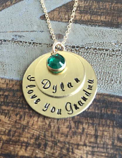 Grandma Necklace Handstamped Necklace Gold Necklace Gold Layered Necklace Birthstone Necklace Mothers Day Jewelry Gift for Mom