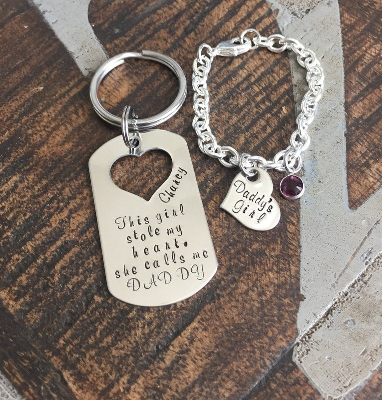 This Girl Stole My Heart Keychain Daddy Keychain Handstamped Keychain Gift for New Dad Dad Keychain Daddys Girl Bracelet Daddy Daughter Gift
