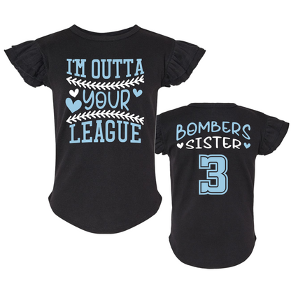 Outta Your League Bombers Sister Shirt, Black Bombers Sister Shirt, Georgetown Bombers Sister, Bombers Sister Ruffle Tee