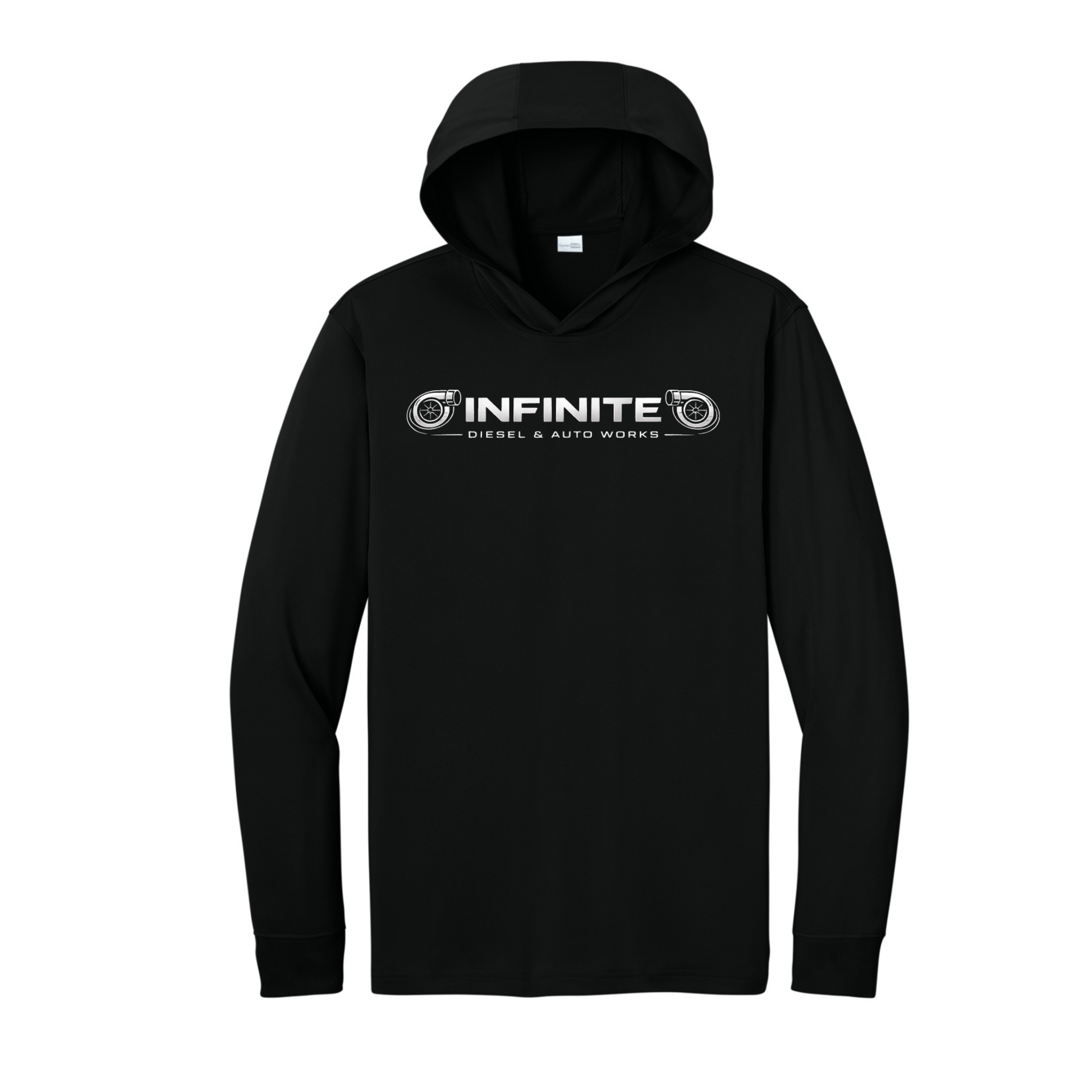 Black hoodie with 'Infinite Diesel & Auto Works' logo on a white background