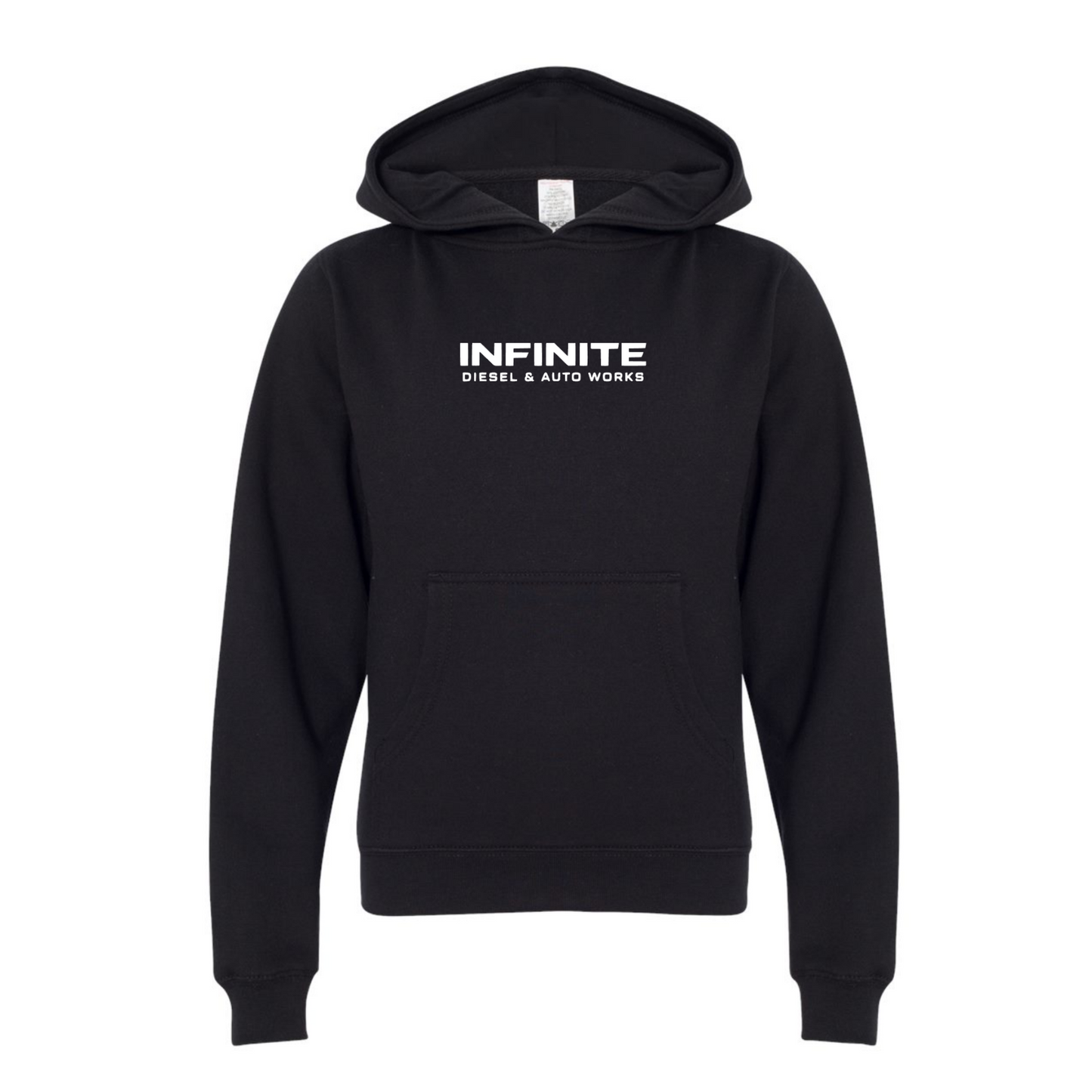 Black hoodie with 'Infinite Diesel & Auto Works' text on a white background