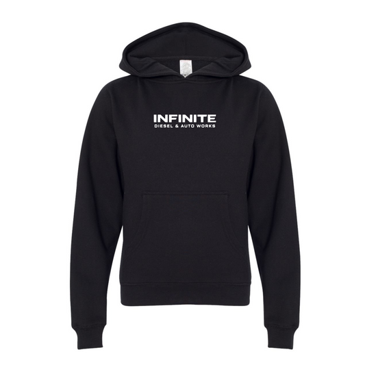 Black hoodie with 'Infinite Diesel & Auto Works' text on a white background